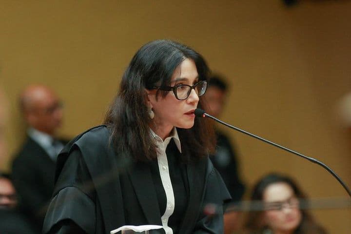 Patrícia Perrone Campos Mello na tribuna, durante sustentação oral.