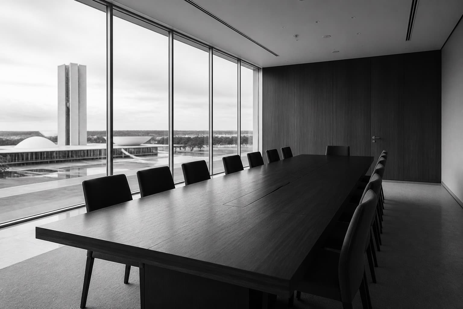 Sala de reunião vazia, com mesa de madeira e luz de janela.